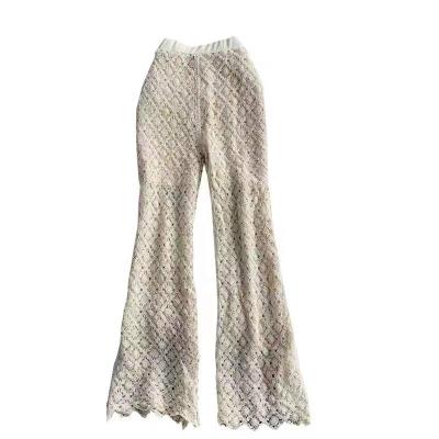 China Anti-wrinkle factory hot sale ladies hand embroidery hollow pattern splicing crochet woven pants for sale