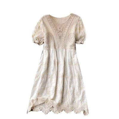 China Anti-static crochet lace crochet dress o-neck crochet pure color fancy quality high quality short sleeve women dress for sale