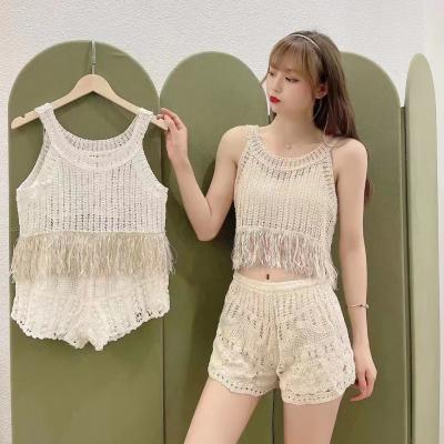 China 2022 Factory QUICK DRY Lace Crochet High Waist Pants Set Bohemian Two Piece Pants Wholesale 2 - Piece Women Wear for sale