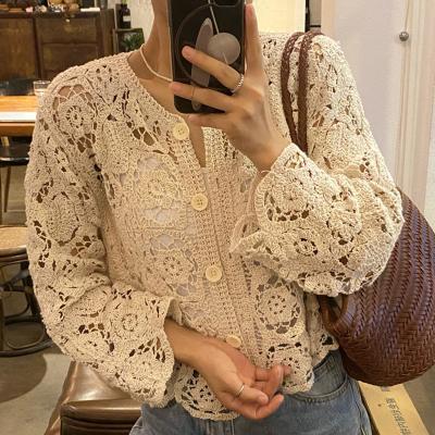 China Anti-pilling woman crochet top fashionable blouses long sleeve crochet knitting elegant crochet garment hollow crochet clothing for sale