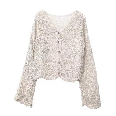 China Fashionable woman long sleeve sweater factory anti-pilling crochet top hollow out crochet garment and crochet apparel for sale