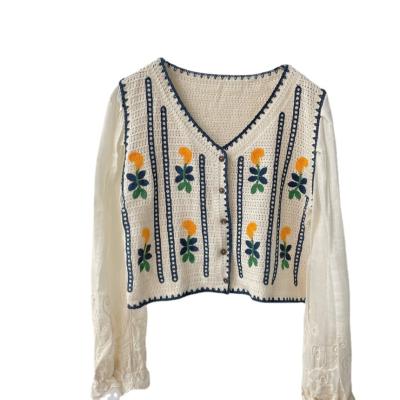 China Anti-pilling factory popular crochet blouse long sleeve blue flower crochet tops women to crochet shirt hollow crochet top with best price for sale