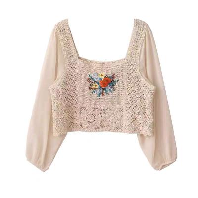 China Anti-pilling hot sales woman crochet top fashionable blouses long sleeve crochet knitting stylish crochet garment hollow out crochet clothing for sale