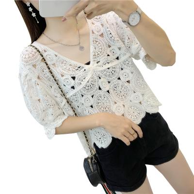 China Anti-pilling hot sales crochet blouse tops crochet top short sleeve lace up crochet knitting outlet fashion hollow women crochet clothing for sale