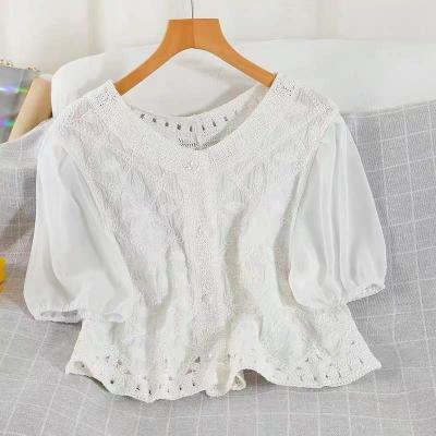 China Fashion Summer Factory Anti-pilling Hollow Sleeve Ladies Blouses Flower Pattern Crochet Short Shirt for sale