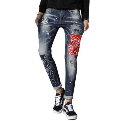 China High quality QUICK DRY fashion new design embroidery men's jeans printed pants with patchworks for sale