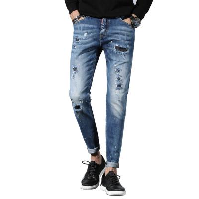 China Wholesale New Fashion Breathable Ripped Italian Style Pattern Skinny Fit Heavy Cotton Stretch Jeans Medium Blue Pants For Men for sale