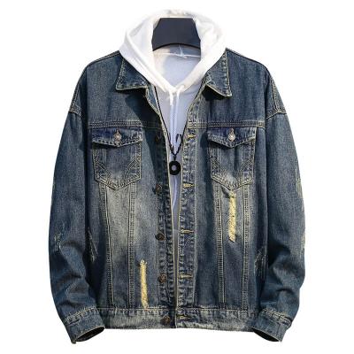 China Breathable Retail And Wholesale Distressed Ripped Mens Jeans Jacket With Patches Work for sale