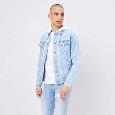 China Breathable high quality light blue slim fit denim stretch jacket for men with hood for sale