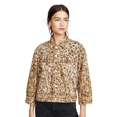 China Fashion Spring Breathable Custom Wear Comfort Slim Fit Leopard Print Distressed Women Denim Jacket for sale