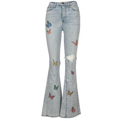 China QUICK DRY Custom Butterfly Printed Blue High Waist Ripped Long Bell Bottom Women Casual Flare Jeans for sale