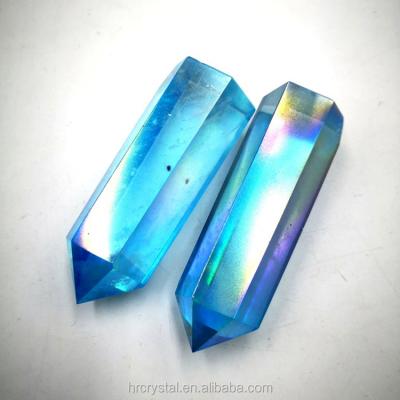 China Wholesale Europe Natural Clean Quartz Plating Aura Crystal Wand Point For Decoration Blue for sale