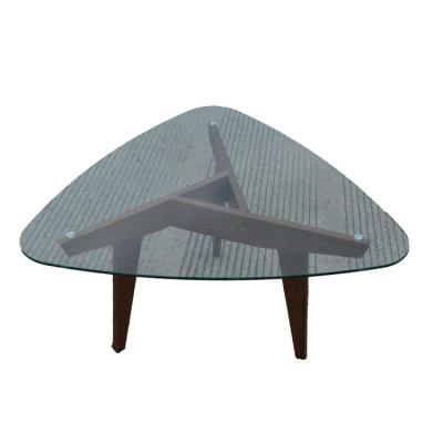 China Tempered glass+solid walnut legs sell well New Type Furniture Classic Triangle Design Cafe Dining Glass Top Table for sale