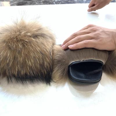 China LW-RS001 Autumn And Winter Gray Fur Slippers Women's Shoes Anti-slippery Flat Sandals 2021 for sale