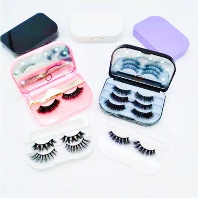 China Eyelash Holder Travel Whips Storage Case False Eyelash Packaging Box Custom 3 Pairs Eyelash Box With LED Night Mirror for sale