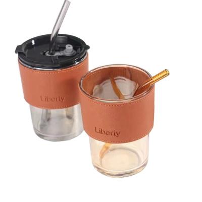 China Novelty Office Home Office Gift Coffee Mug Minimalist Bulk Bulk Drinkware Glass Straw Thickened Glass Cup 450ML With Heat Insulation Leather Case for sale