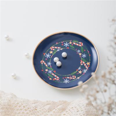 China Wholesale High Quality Simple Modern Christmas Home Decoration Around Ceramic Ring Necklace Display Jewelry Tray With Gold Rim for sale