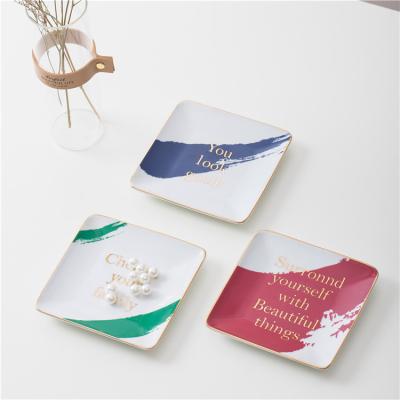 China Modern simple nordic decal printed trinket home luxury square ceramic dish decor nordic jewelry tray for wedding gift for sale