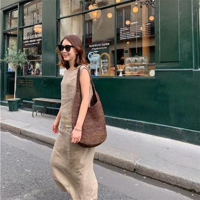 China 2021 Summer V-Neck Casual Khaki Daily Casual Loose Canvas Dress Breathable Slit Long Vest Skirt for Women Front and Back Wearable for sale