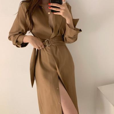 China Women One Piece 2021 Lady Coat Dress For Vintage Sexy Elegant Khaki Breathable Polo Collar Casual Long Sleeve OL Dress for sale