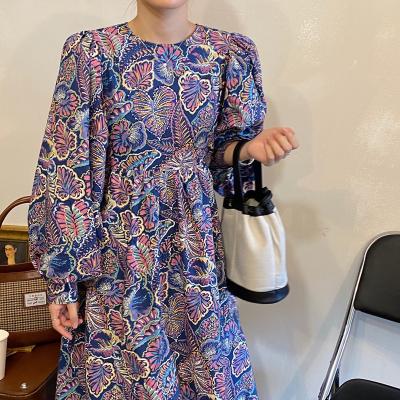 China Korea Breathable Fashionable Style Designer Spring Holiday Amenities Spring Holiday Floral Painted Chiffon Long Sleeve Dress For Women for sale