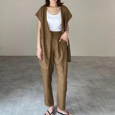 China 2021 Summer Breathable Solid Cotton Cardigan Coat And Canvas Two Piece Short Sleeve Loose Casual Pants Set For Women Outfits for sale