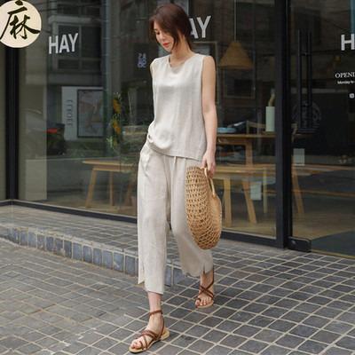 China 2021 Summer Breathable Casual Daily Canvas Round Neck Dress Sleeveless Vest Top And Split Wide Leg Pants Two Piece Suit For Women Clothes for sale