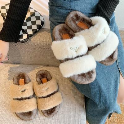 China Summer Fashion Trend Brand P Designer Sandals Ladies Casual Slippers Fur Toe Shoes Cheap Open Casual Famous Flats Slippers For Women for sale