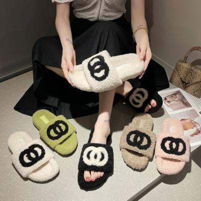 China Luxury designer casual sandals Autumn Brand C lambskin fur toe shoes slippers cheap open casual famous shoes flats for women for sale