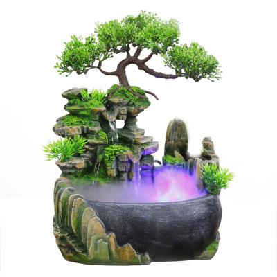 China Commercial Use Decoration Resin Rock Garden Water Fountain Indoor Creative Tabletop Bonsai Trees with LED Light and Humidifier Atomizer for sale