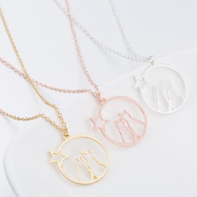 China 2021 CLASSIC Stainless Steel Trendy Couples Cat Hollow Necklace Round Pendant For Girl Female 18K Gold Plated Necklaces Jewelry for sale