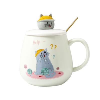 China Viable Creative Cute Cartoon Cat Ceramic Tea Coffee Mug Cup With Spoon And Lid for sale