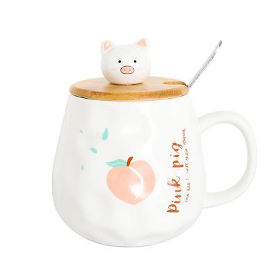 China Cartoon Cute Pig Wooden Cover Frosted Commercial Water Cups Custom Coffee Mug Ceramic Mug for sale