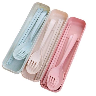 China Sustainable Outdoor Camping Travel 3 Pcs Set Wheat Straw Portable Spoon Fork Chopsticks Tableware Cutlery Set for sale