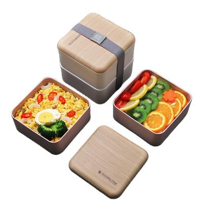 China INS Portable Square Double-Layer Wooden Bento Box Single Student Lunch Box Freshness Keeping Wooden Lunch Box With Tableware for sale