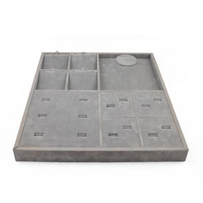 China Custom Gray Velvet Wooden Jewelry Display Jewelry Display Set Tray Ring Necklace Pendant Jewelry Tray for sale