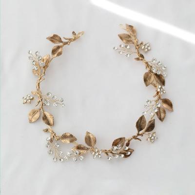 China SLBRIDAL ALLOY Gold Foil Handmade Antique Headband Women's Bridal Hair Jewelry Crystal Floral Wedding Prom Headpiece Hair Vine for sale