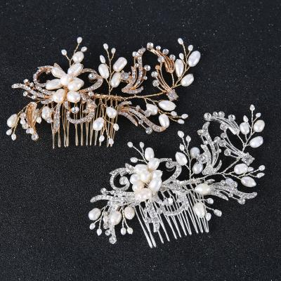 China SLBRIDAL ALLOY Rhinestone Crystals Handmade Freshwater Beads Flower Leaf Wedding Hair Comb Hair Accessories Women Bridal Jewelry for sale