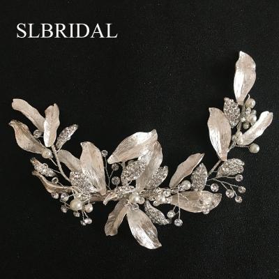 China SLBRIDAL ALLOY Silver Alloy Austrian Crystals Rhinestones Flower Bridal Leaf Wedding Hair Clip Barrettes Headpiece Hair Accessories for sale