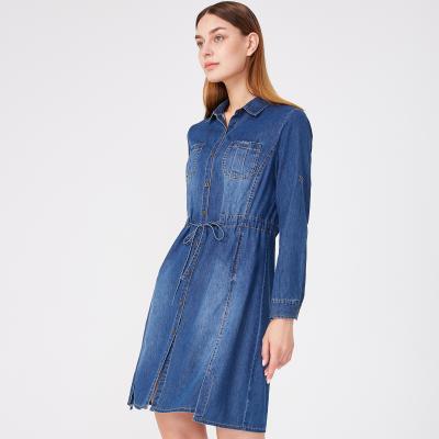 China 100 Cotton Women Breathable Loose Denim Long Sleeve Midi Button Down With Pocket Belt Dress Women Jeans Denim Blue for sale