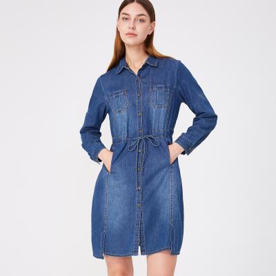 China Breathable Women Midi Button Down Denim Dress Long Sleeve With Pocket Belt Loose Dress Women Jeans Denim Blue 100 Cotton for sale