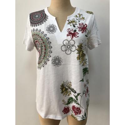 China 100 QUICK DRY cotton tees for women knit short elastic short white dragonfly simple blue dragonfly v neck floral washed t-shirt ladies tops for sale