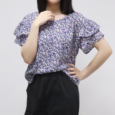 China Floral Anti-Wrinkle Plus Size Shirts Short Sleeve Ladies' Blouses Fashion O Neck Butterfly Sleeve Ladies Vacation Office Summer Casual Tops for sale