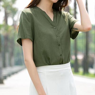 China Breathable Plus Size Shirts Short Sleeve Ladies' Blouses Fashion V Neck Sleeve Casual Vacation Office Summer Ladies Tops for sale