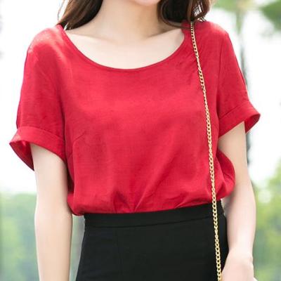 China Breathable Red Solid Plus Size Shirts Short Sleeve Ladies' Blouses Fashion O Neck Sleeve Casual Vacation Office Summer Ladies Tops for sale