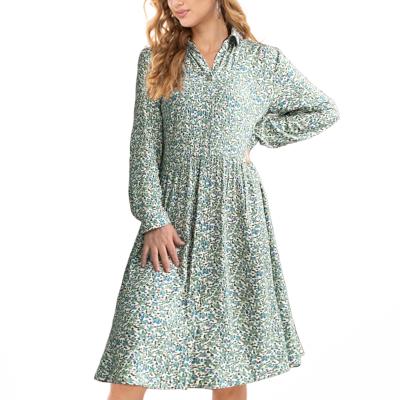 China Breathable Midi Dresses Women Casual Dress Viscose Turn Down Collar European American Elegant French Floral Long Sleeve Dress for sale