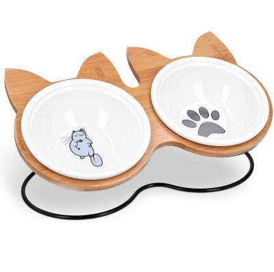 China Sustainable Cat Feeding Bowl Bamboo Holder Feeding Station Set Cats Dogs Ceramic Feeding Bowl Set for sale