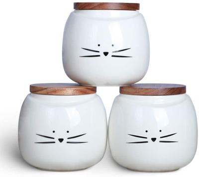 China Cat White Canister Set Coffee Viable Ceramic Tea Sugar Food Storage with Bamboo Lid for sale