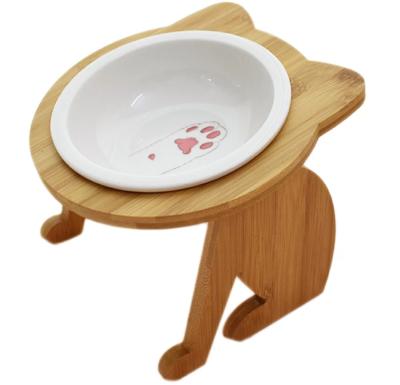 China Cute Sustainable Pet Feeder Bowl High End Cartoon Patterns Bamboo Frame Ceramic Bowl Feeding And Drinking Bowls For Dog Cat for sale