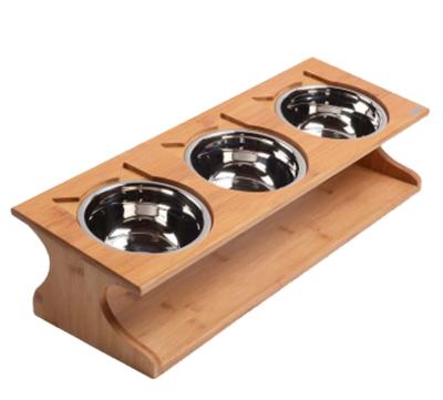 China Health Sustainable Pet Feeder Three Bowls Stainless Steel Frame Bamboo Holder Dog Cat Feeder for sale